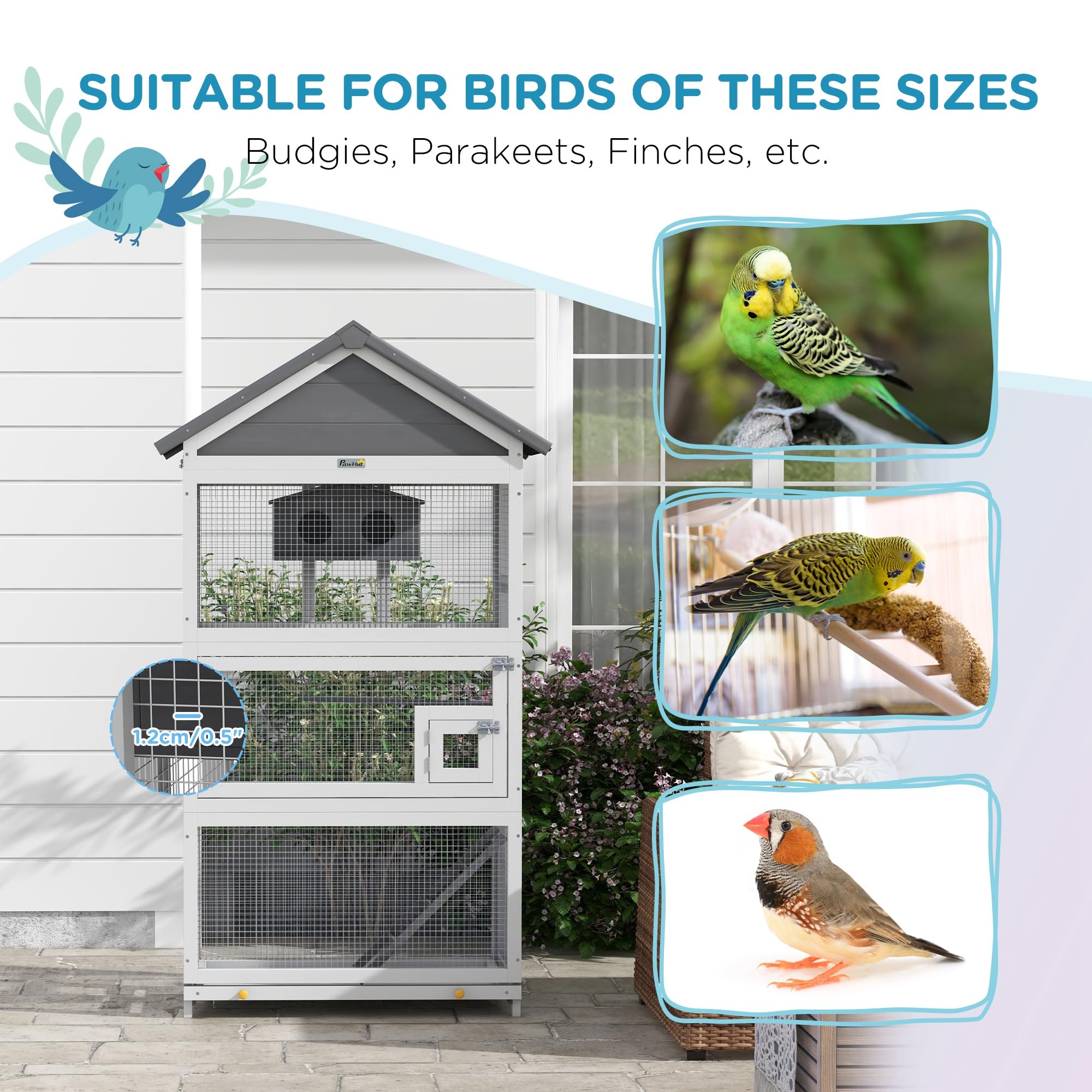 PawHut Wooden Bird Aviary, 67 Outdoor Bird Cage with Slide-Out Tray, Three Doors, Birdhouse, Ladder, Perches for Finches, Parake